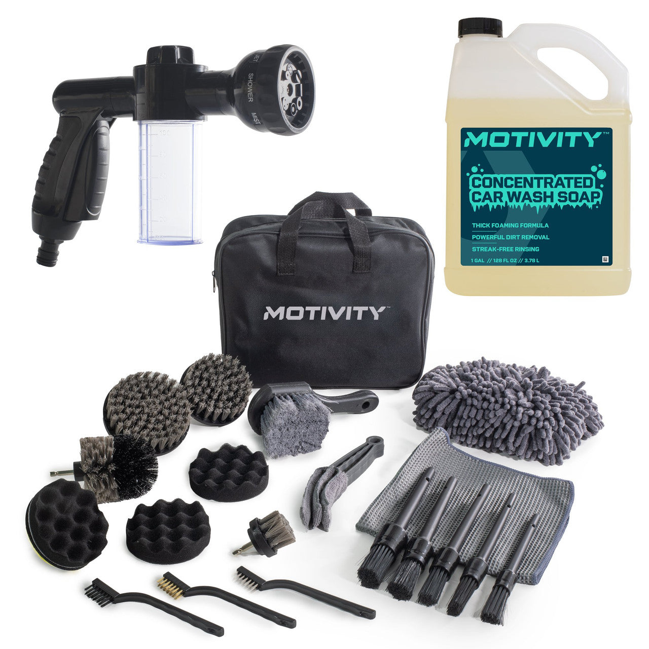 MOTIVITY Essential Foam Wash and Detail Kit – Includes Car Wash Soap, Spray Nozzle, and 21-Piece Brush Set