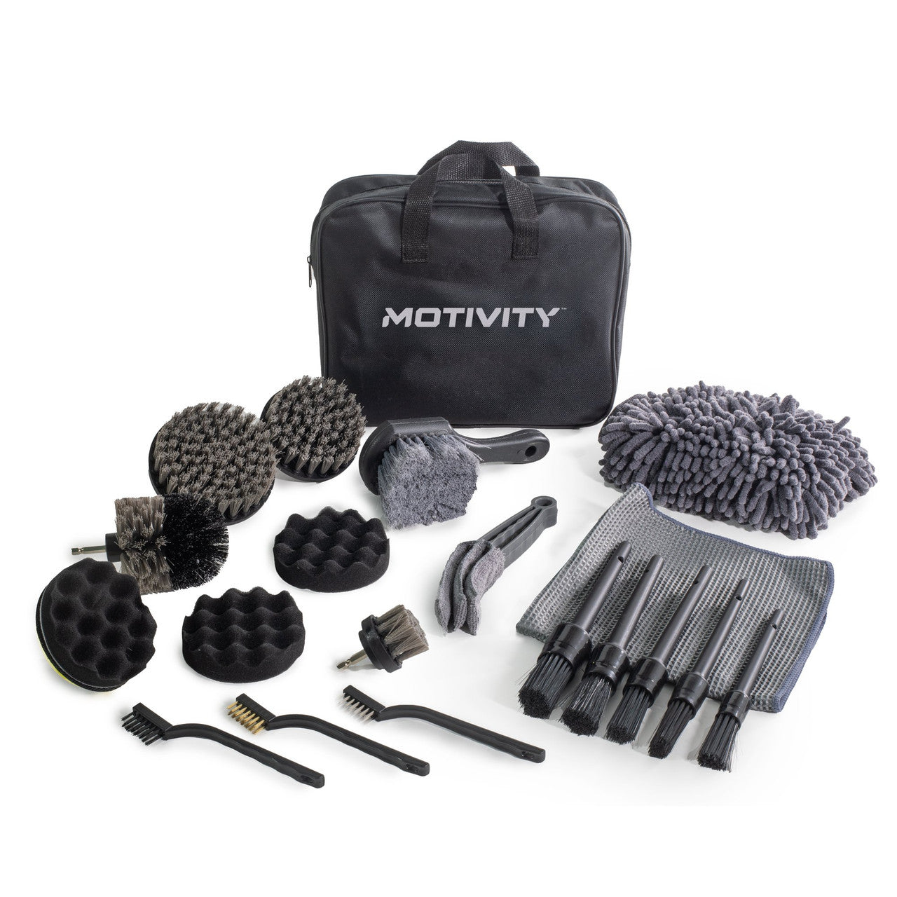 MOTIVITY Essential Foam Wash and Detail Kit – Includes Car Wash Soap, Spray Nozzle, and 21-Piece Brush Set