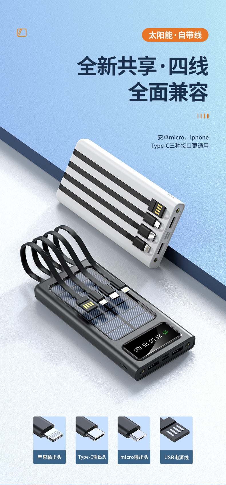 Cross-border Hot-Selling Built-in Four-Wire Solar Power Bank with Digital Display50000mAh ultra-thin large capacity power bank
