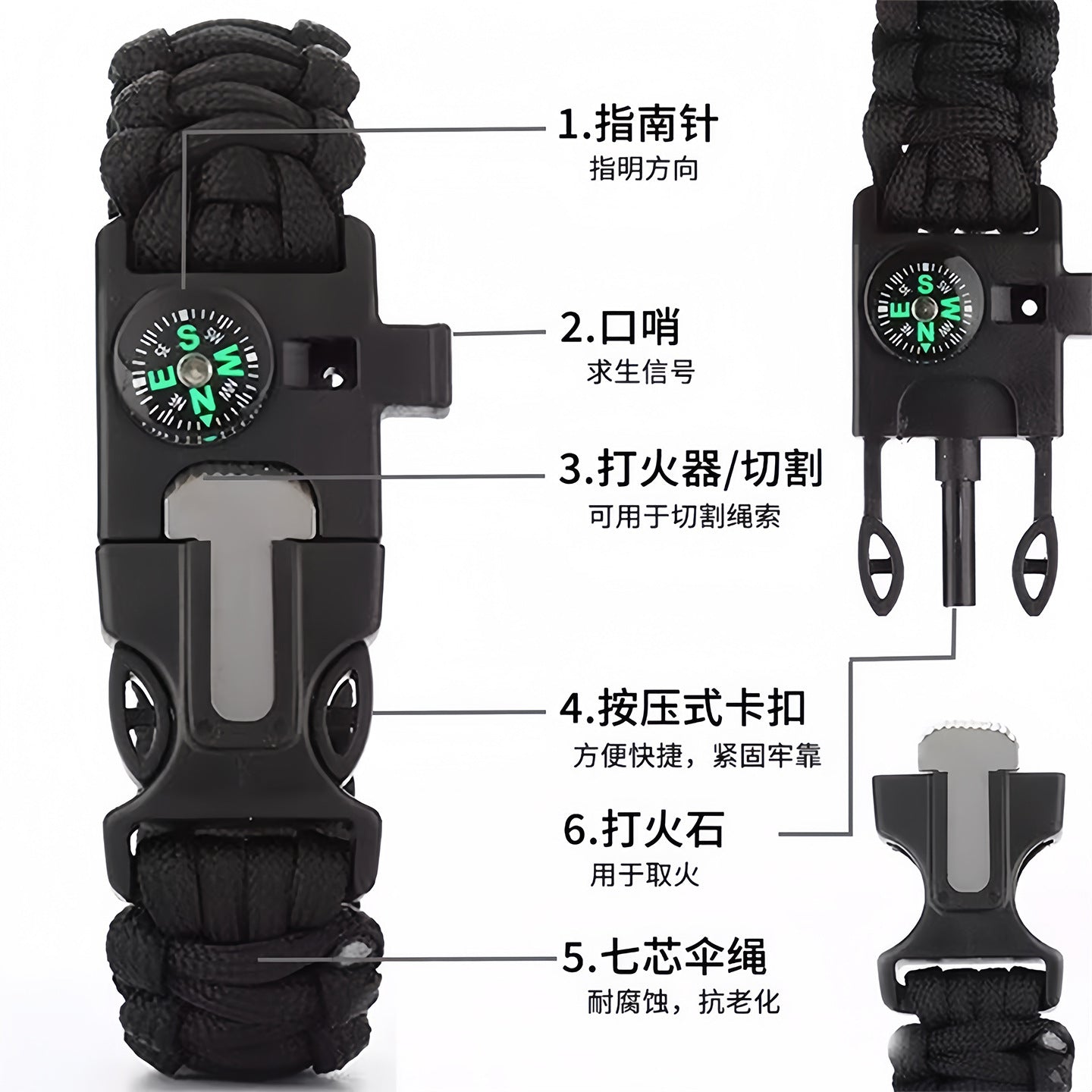 Multifunctional Outdoor Paracord Bracelet Flint Compass Climbing Lifesaving Bracelet Emergency Survival Gear