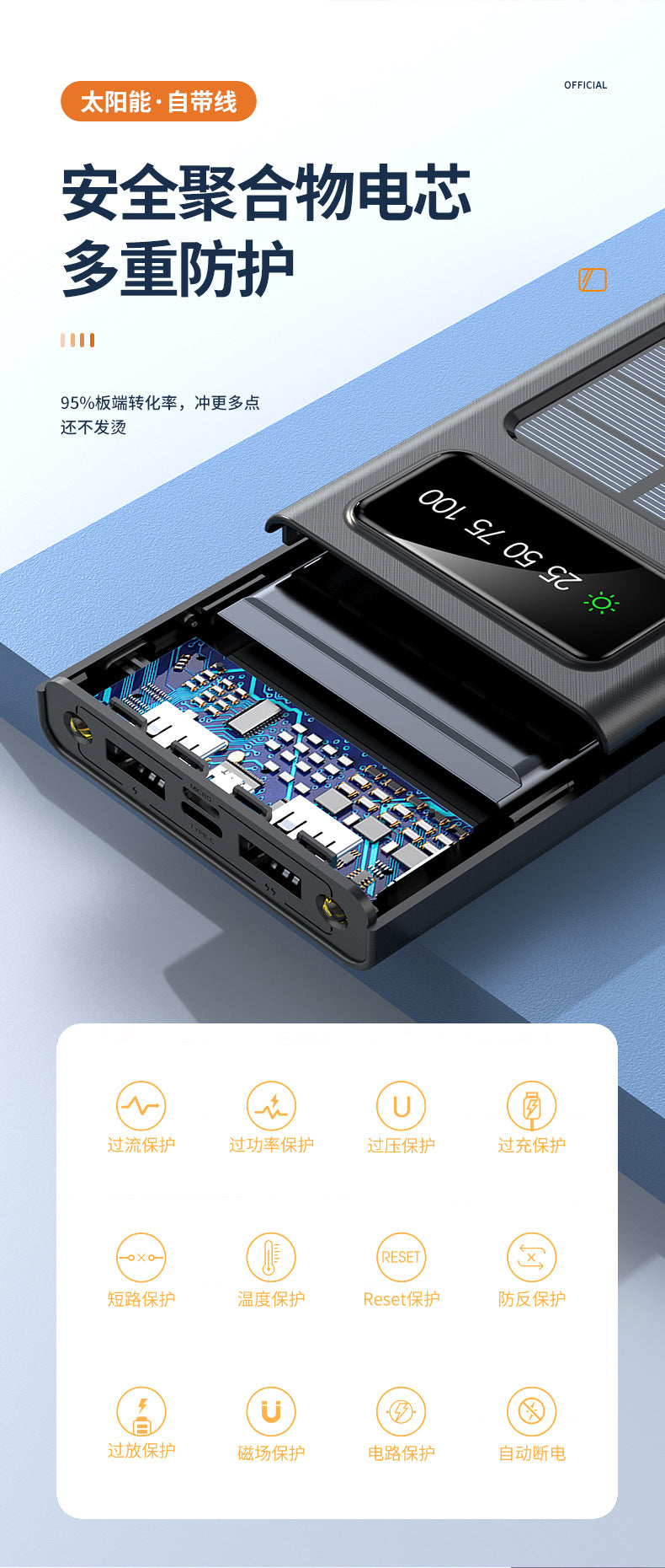 Cross-border Hot-Selling Built-in Four-Wire Solar Power Bank with Digital Display50000mAh ultra-thin large capacity power bank